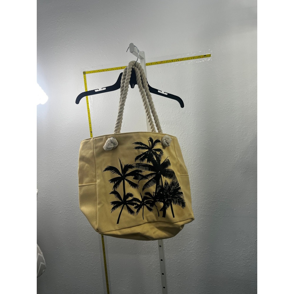 Yellow Canvas Palm Tree Beach Tote Bag Rope Handle Vacation Shoulder Bag